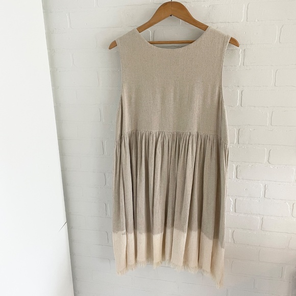 Vintage 90s Linen blend dress Babydoll Empire waist Cream Coquette Lagenlook L - Picture 9 of 10